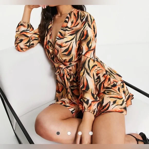Zack London orange tiger print mini dress with tie waist and long sleeves. - Picture 2 of 6